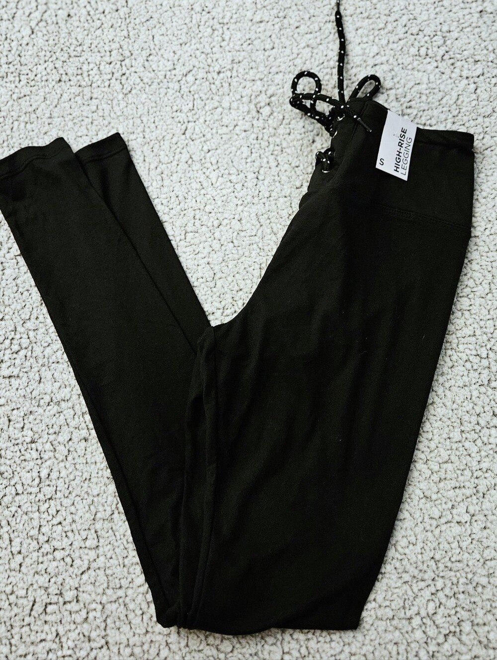High Rise Black Leggings with Drawstring Waist S